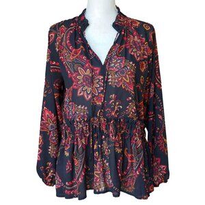 LOFT Balloon Sleeve Top Flowy Sheer Corporate Paisley Hippie Blouse High Collar